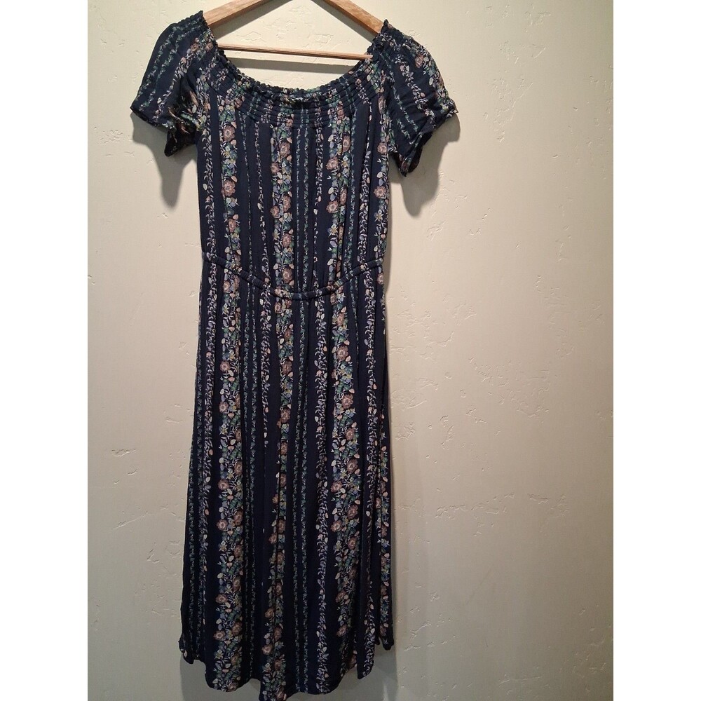 Old Navy Sz S Blue Floral Stripe Smocked Neckline Elastic Waist Lined Midi Dress